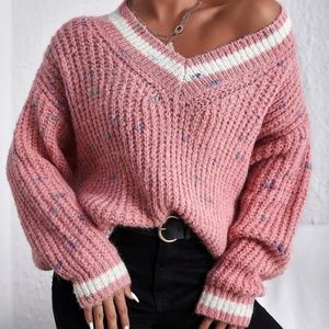 BellanBlue Blush V-Neck Sweater with White Accents